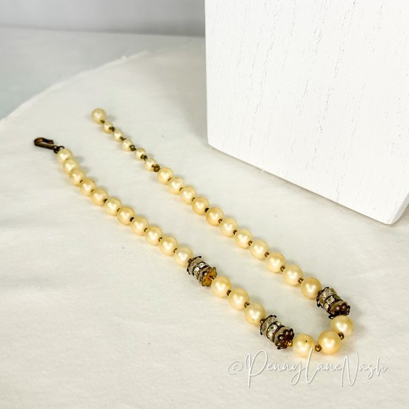 Vintage Pearl Chain w 3 Barrel Rhinestones Necklace - Picture 5 of 5
